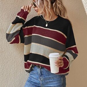 SHEIN Burgundy and Gray Striped Sweater